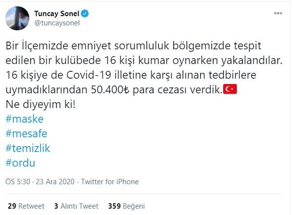 Ordu Valisi Tuncay Sonel Twitter Paylaşımı