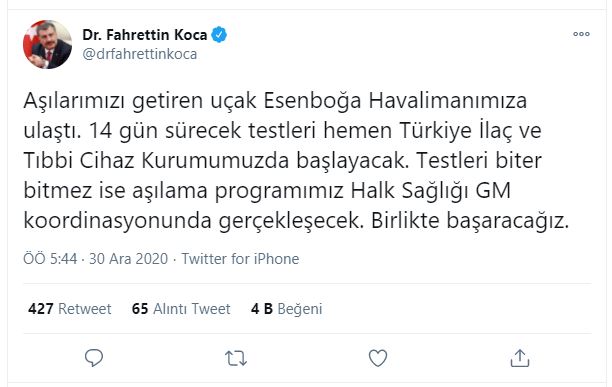 Sağlık Bakanı Fahrettin Koca Çin'den gelen aşı için açıklama yaptı