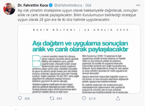 Bakan Koca Twitter açıklama