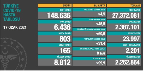 17 Ocak koronavirüs Türkiye tablosu